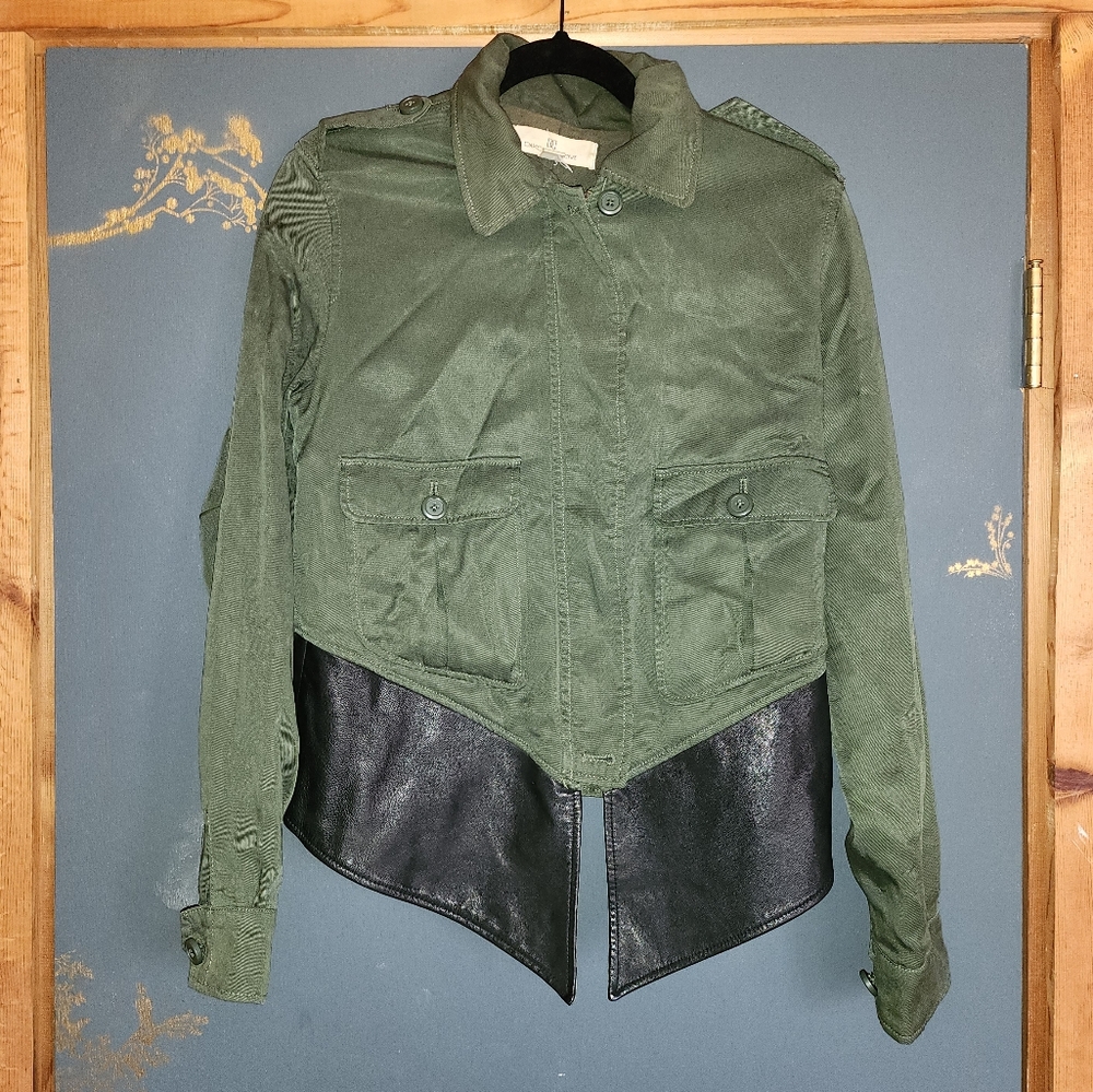 Green Army Style Jacket with Leather Trim, Small